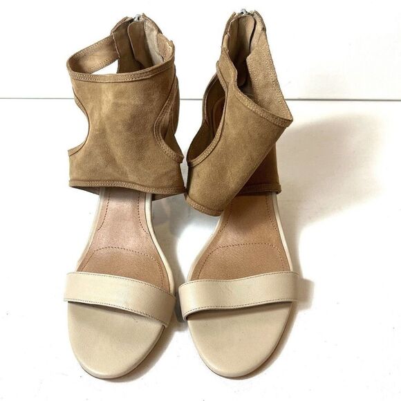 Tahari Suede Leather Heeled Sandals Women's Sz 9M Brown Beige Open Toe Back Zip - Picture 3 of 12
